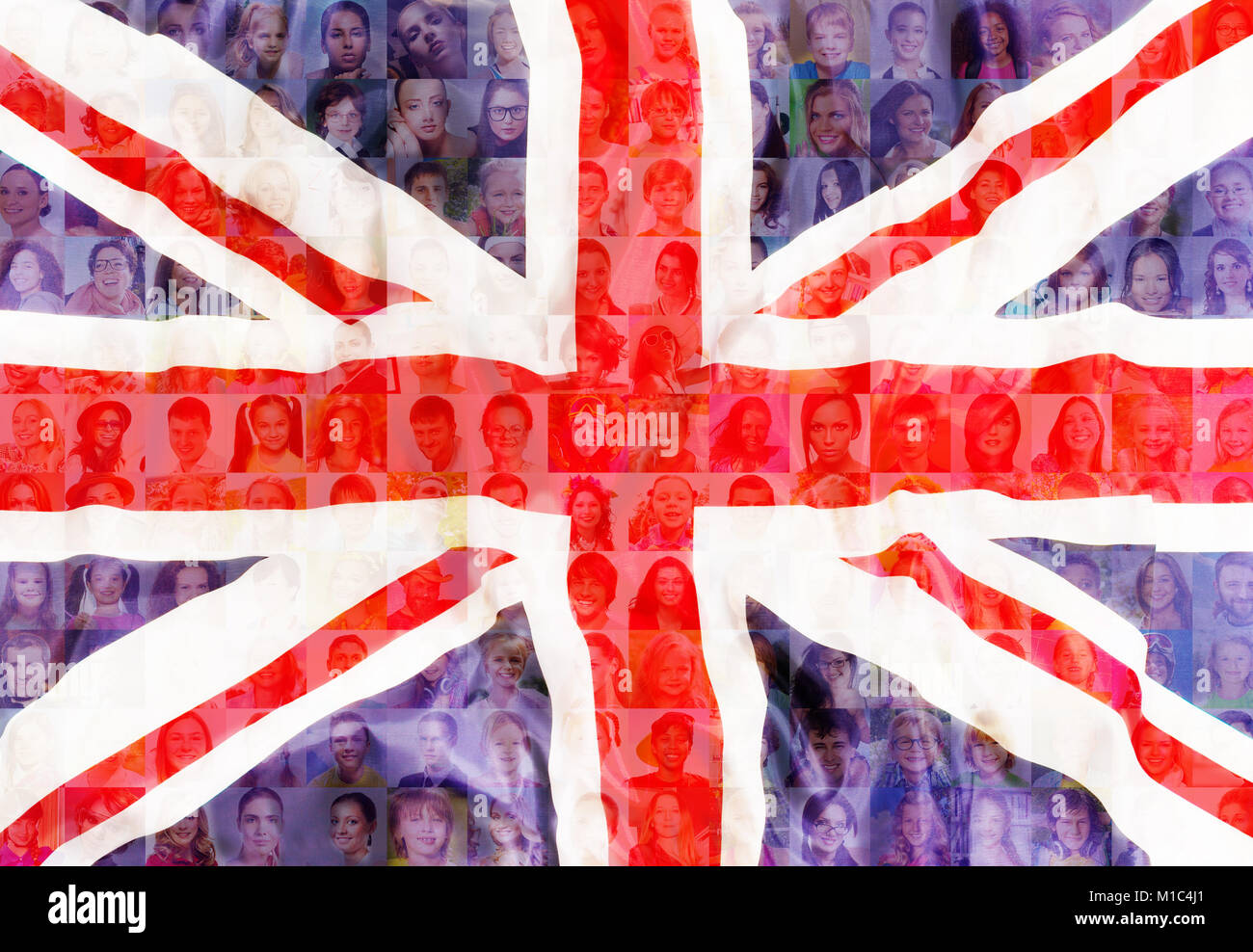 United kingdom Great Brittan flag with many face portraits on background of different looking and age diverse citizens Stock Photo