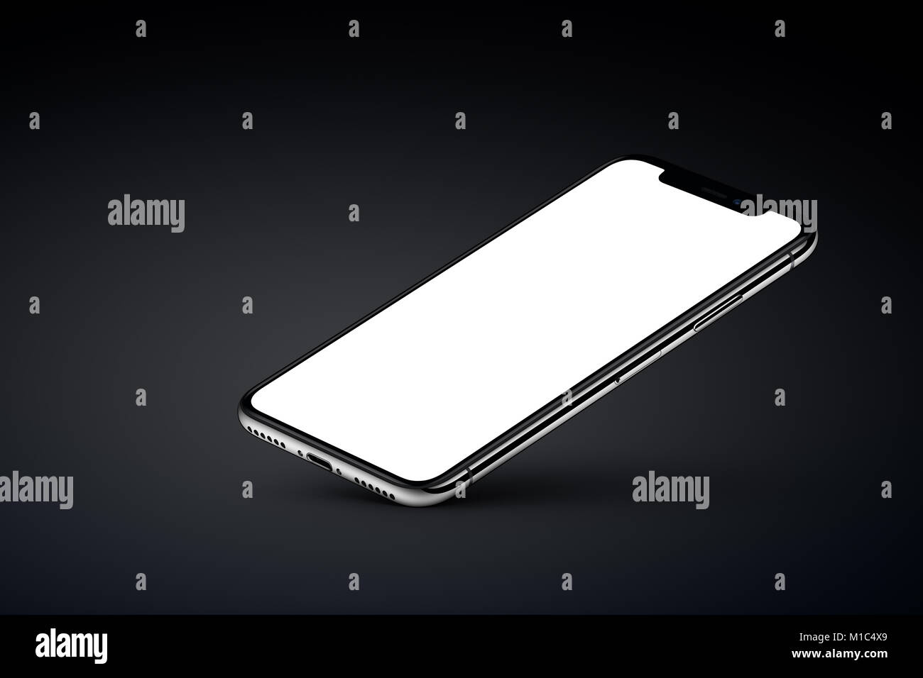 iPhone X. Perspective veiw smartphone mockup rests on one corner on black background. Stock Photo
