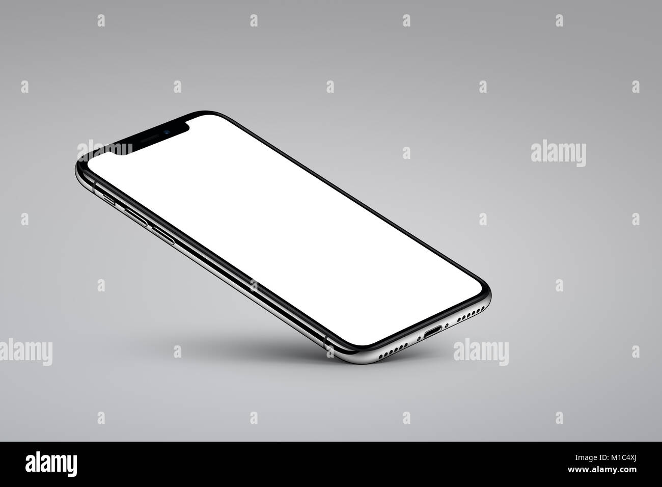 iPhone X. Perspective veiw smartphone mockup rests on one corner on gray background. Stock Photo