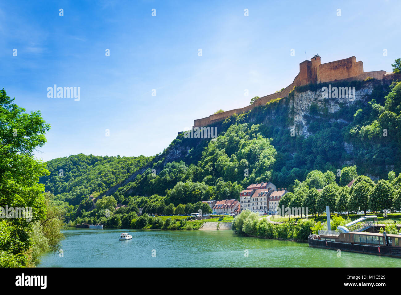 Scenic view of famous citadel on the summit of Saint-Etienne mount in Besancon, at sunny day, France Stock Photo
