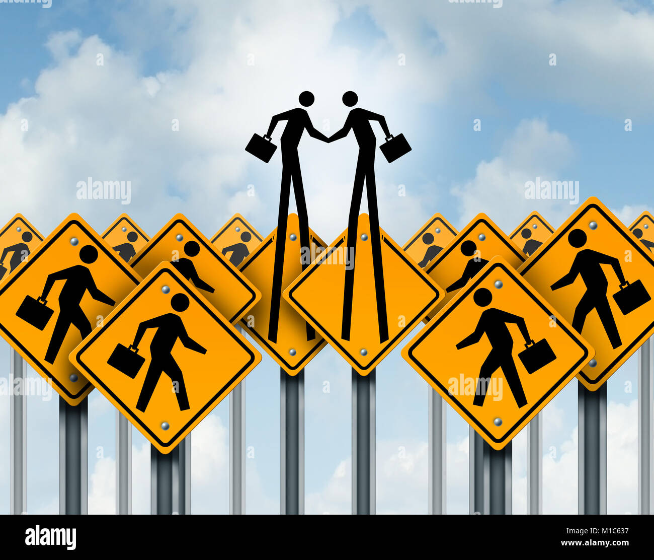 Business relationship agreement and out of the box corporate success solutions as people in signs emerging to shake hands as a3D illustration. Stock Photo