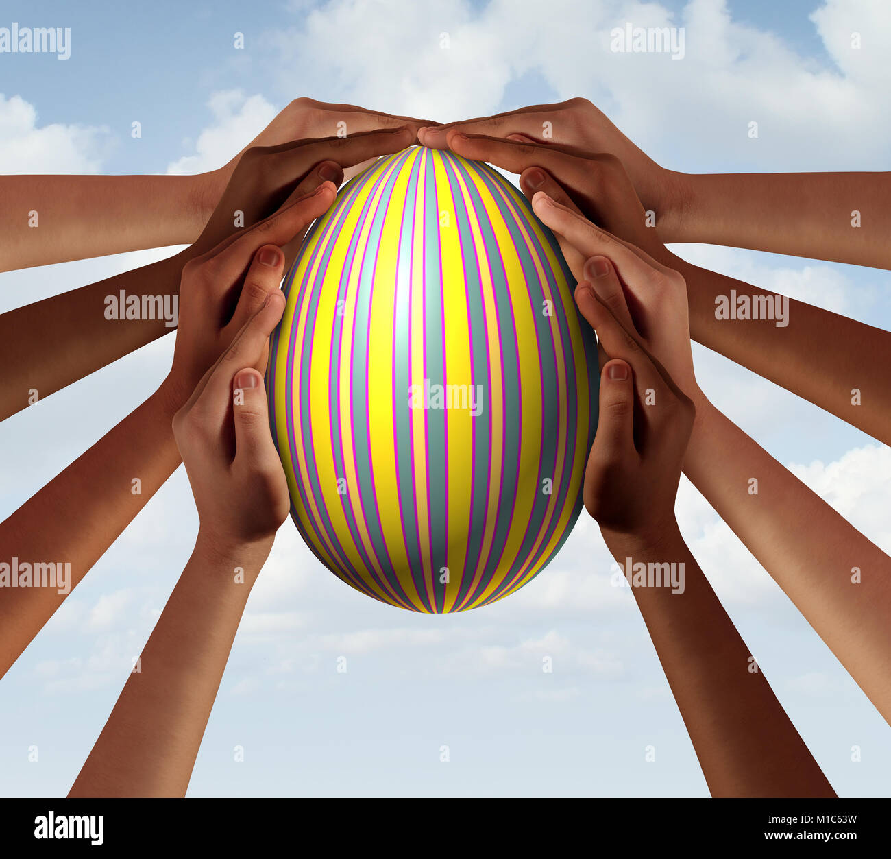 Easter people coming together as a group of diverse community members holding a decorated spring holiday egg in a traditional celebration. Stock Photo