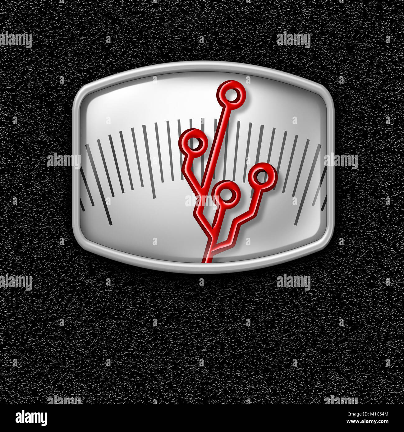 Dieting technology and diet digital weight loss assistant electronics concept as a scale with a circuit shaped needle indicator. Stock Photo