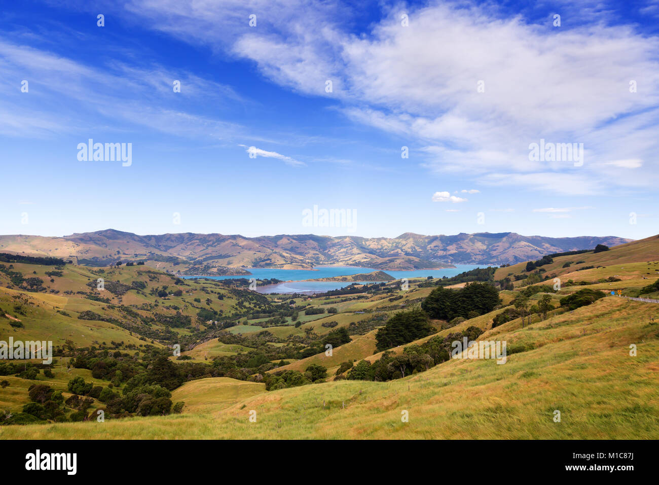 A view from a hill to Barrys bay near Akaroa, New Zealand Stock Photo