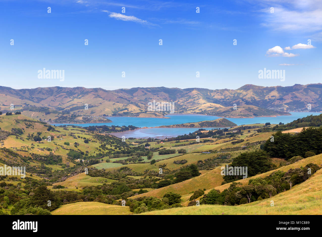 Barrys bay, Akaroa, New Zealand. A view from the hill Stock Photo Alamy
