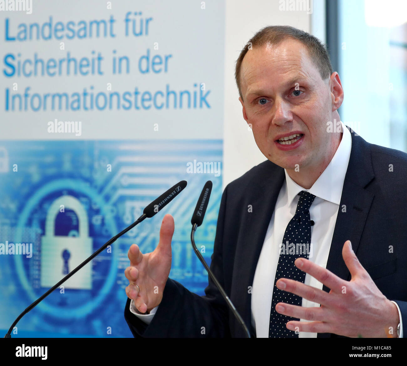 Nuremberg, Germany. 29th Jan, 2018. Daniel Kleffel, head of the Bavarian office for security and information technology (LSI) speaks during the opening of the office in Nuremberg, Germany, 29 January 2018. Credit: Daniel Karmann/dpa/Alamy Live News Stock Photo