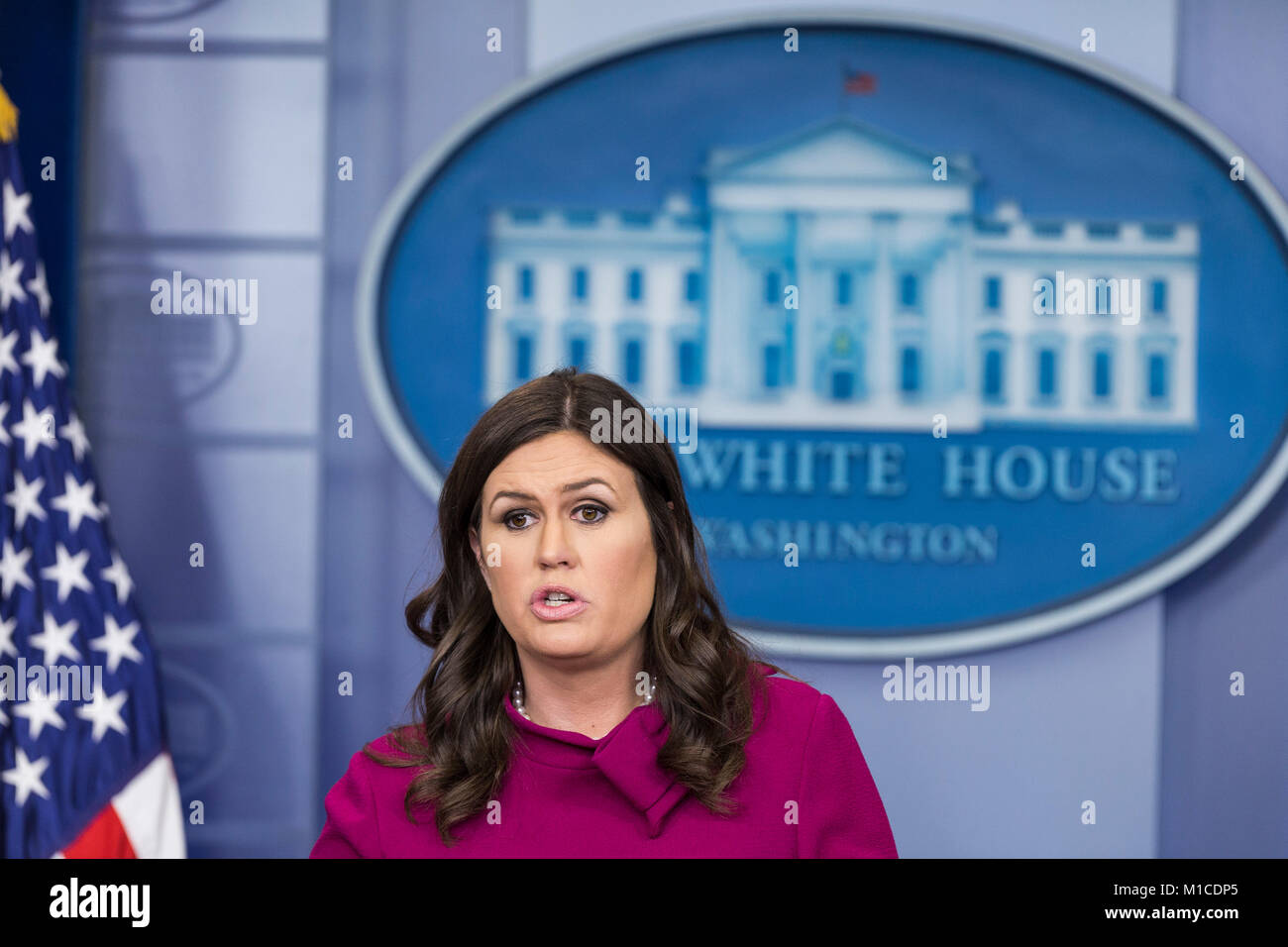 White House Press Secretary Sarah Huckabee Sanders talks with reporters ...
