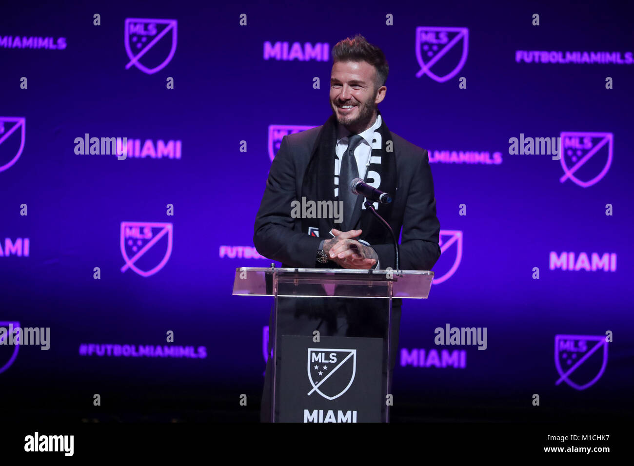 Miami, Florida, USA. 29th Jan, 2018. DAVID BECKHAM, former Major League Soccer player, celebrates the award of a Miami expansion team at an announcement at the Adrienne Arsht Center. Credit: Susan Stocker/Sun-Sentinel/ZUMA Wire/Alamy Live News Stock Photo