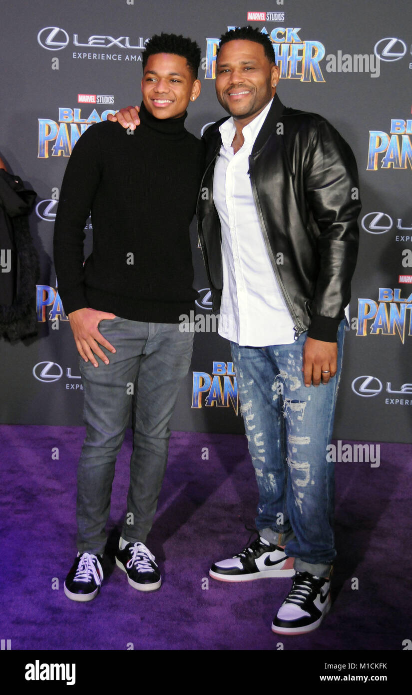 Los Angeles, California, USA. 29th January, 2018. Actor Anthony Anderson (R) and son Nathan Anderson (L) attend the World Premiere of Marvel Studios' 'Black Panther' at Dolby Theatre on January 29, 2018 in Los Angeles, California. Photo by Barry King/Alamy Live News Stock Photo