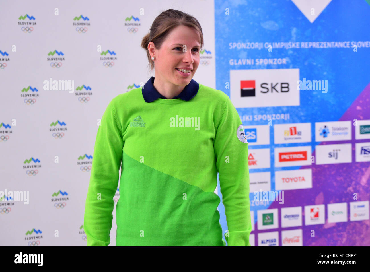 Ljubljana, Slovenia. 29th Jan, 2018. Cross-country skier Vesna Fabjan, who is named Slovenia's flag-bearer for the opening ceremony of the 2018 Pyeongchang Winter Olympic Games at official presentation of the Slovenian Olympic team at Hotel Union. Credit: Matic Štojs/Alamy Live News Stock Photo