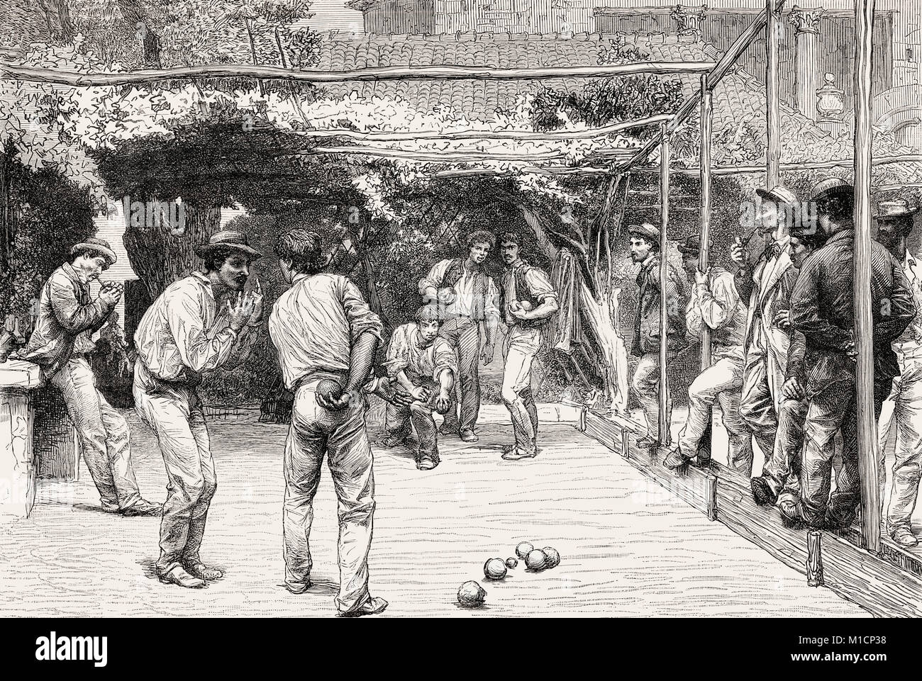 Men playing Bocce, Rome, Italy, 19th Century Stock Photo