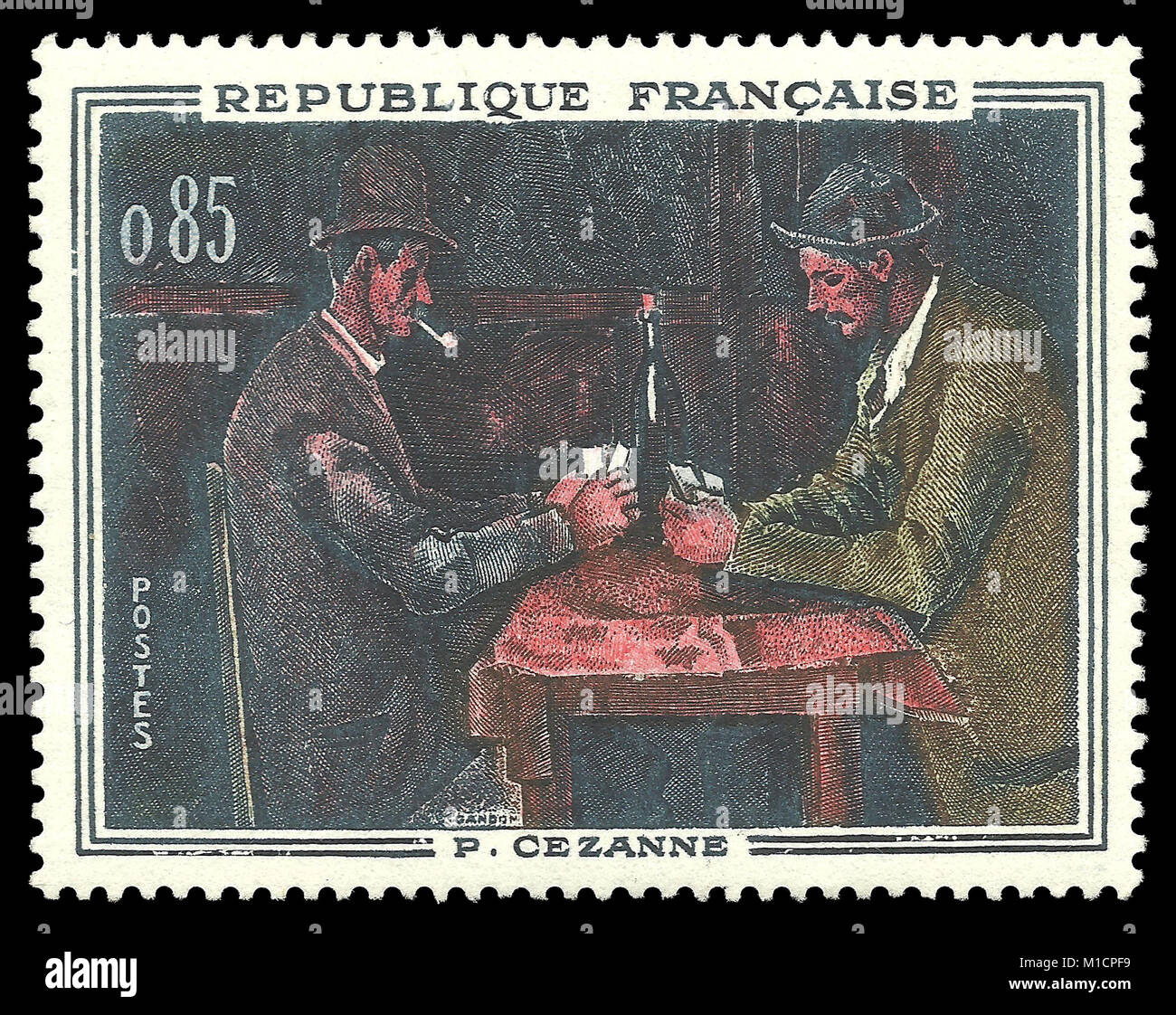 France - stamp 1961: Color edition on Art in Musee d'Orsay, shows Painting The Card Players by Paul Cezanne Stock Photo