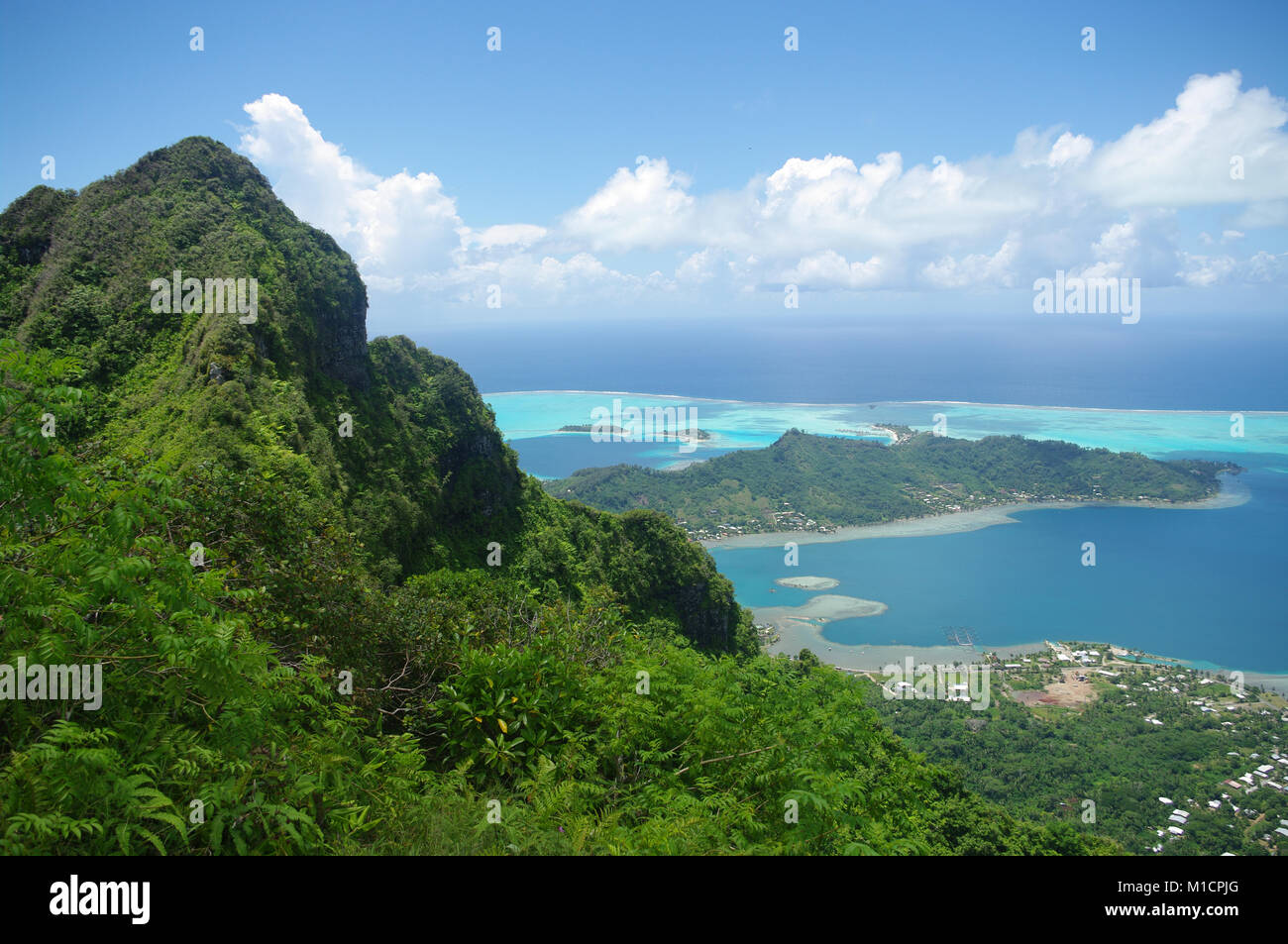 View from the top of Bora Bora of the lagoon and other islands. Stock Photo