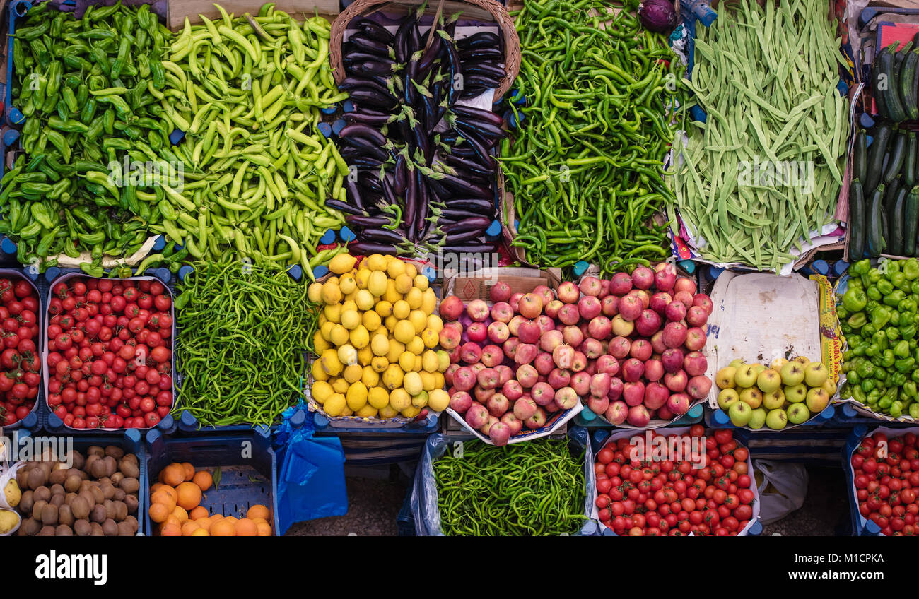 Fruits and vegetables at a grocery market Stock Photo