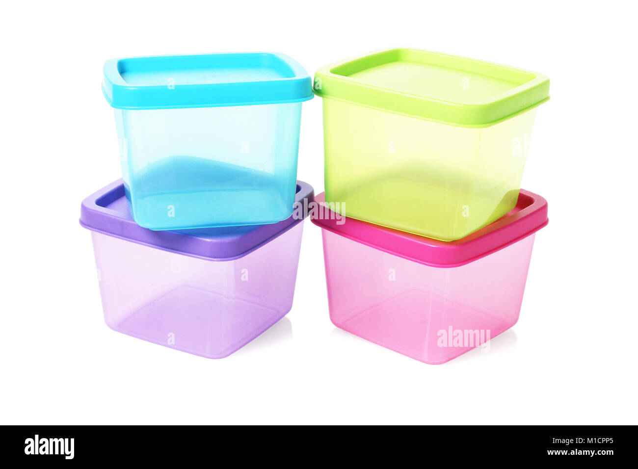 Colourful Square Plastic Containers on White Background Stock Photo