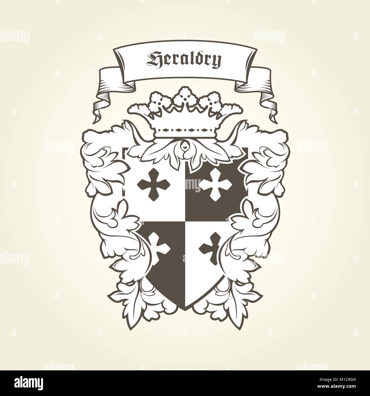 Heraldic royal coat of arms with imperial symbols, shield, crown and banner Stock Vector