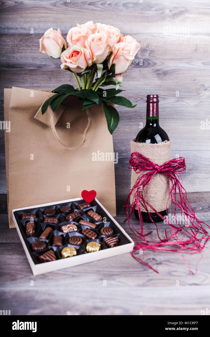 Red Wine Bottle Box Of Chocolates Rose With Decoration By Red
