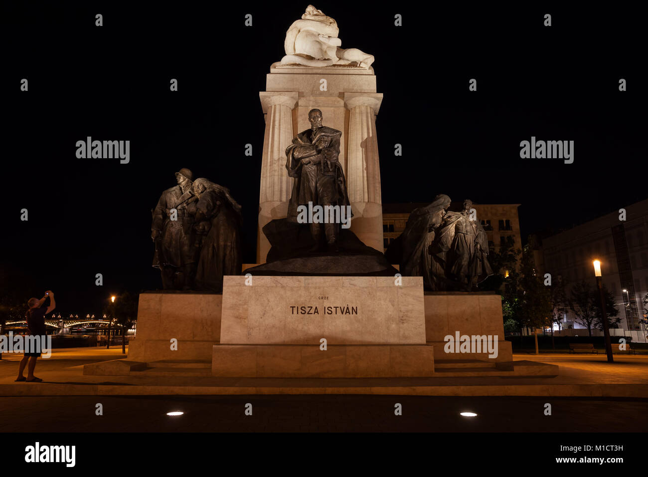 Monument to Tisza Istvan at night on Kossuth Lajos Square in city of Budapest, Hungary, Europe Stock Photo