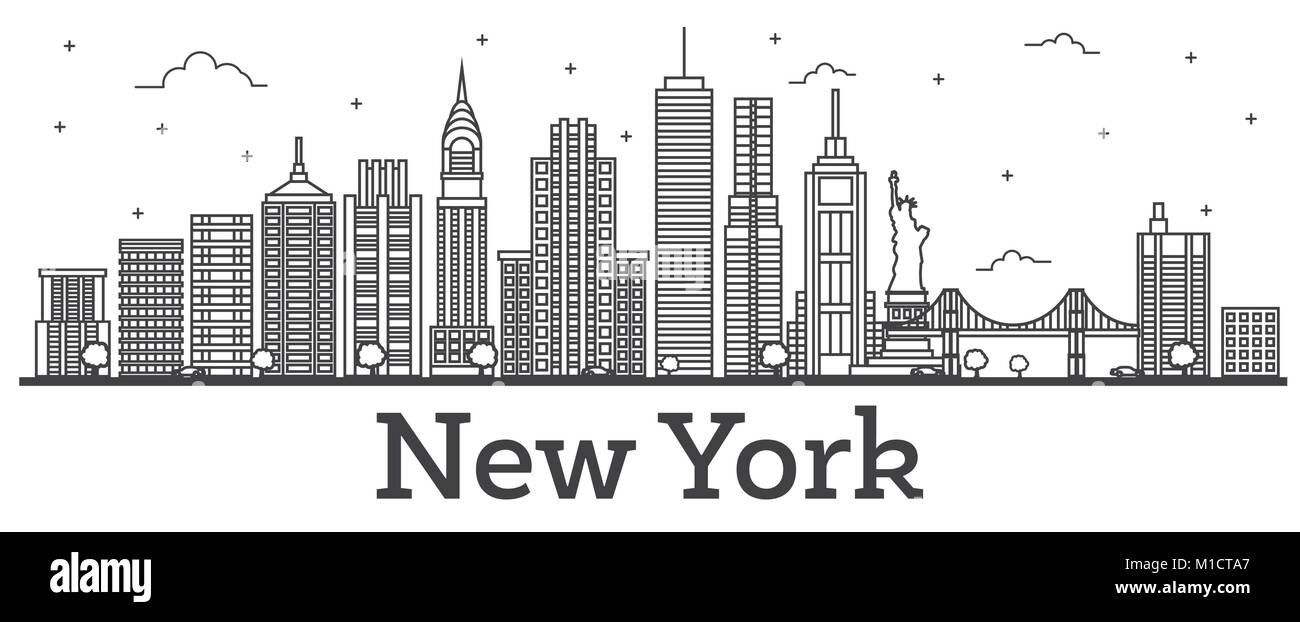 Outline New York USA City Skyline with Modern Buildings Isolated on White. Vector Illustration. New York Cityscape with Landmarks. Stock Vector