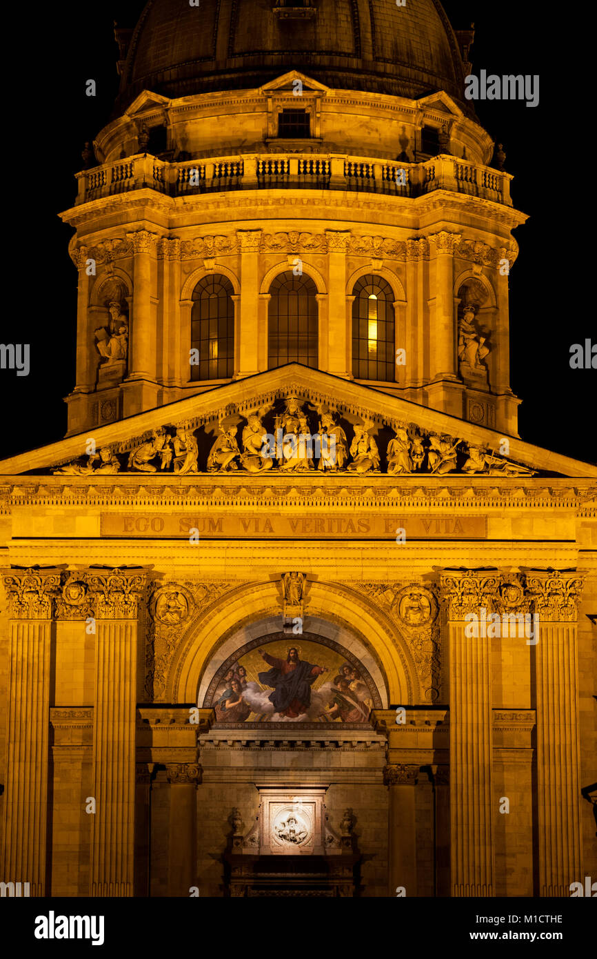 St. Stephen's Basilica (Szent Istvan Bazilika) in Budapest illuminated at night in Hungary, Europe, Neoclassical style architecture Stock Photo
