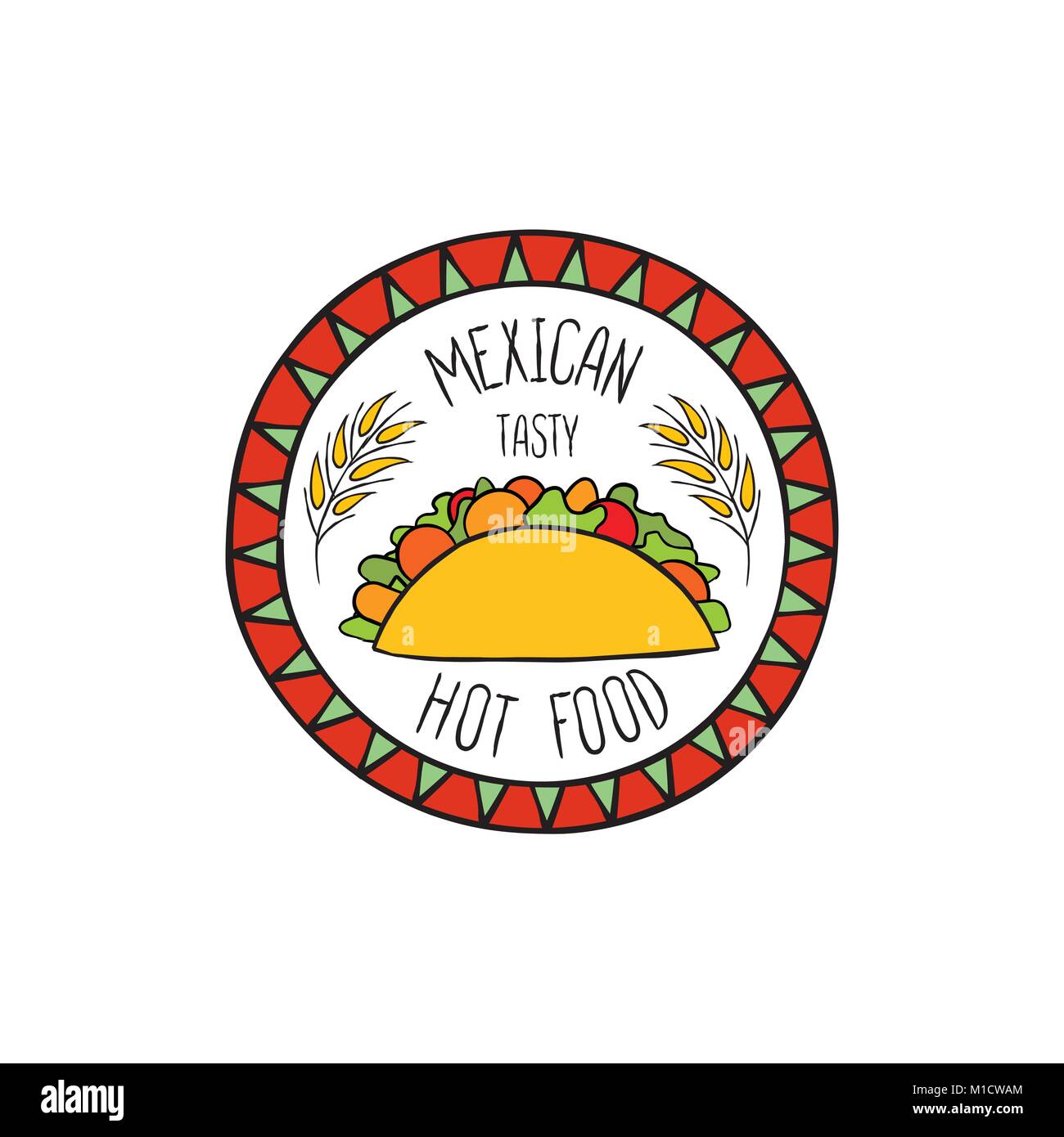 Mexican food symbol. Traditional cuisine set. Mexican dish doodles sign. Fastfood icon. Round shape sign. Fastfood icon. Stock Vector
