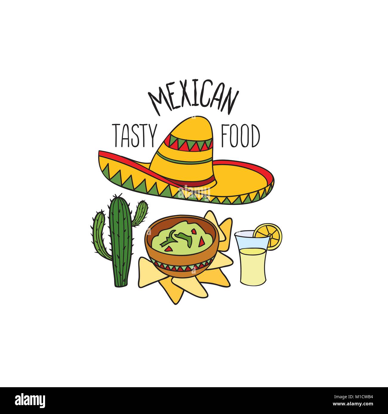 Mexican food symbol. National cuisine set. Mexican dish doodles sign. Fastfood icons with musical instrument and sombrero hat. Stock Vector