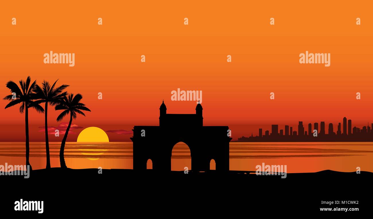 Mumbai city view with famous landmark, India. Urban ocean skyline with skyscraper buildings silhouette. Travel Asia background Stock Vector