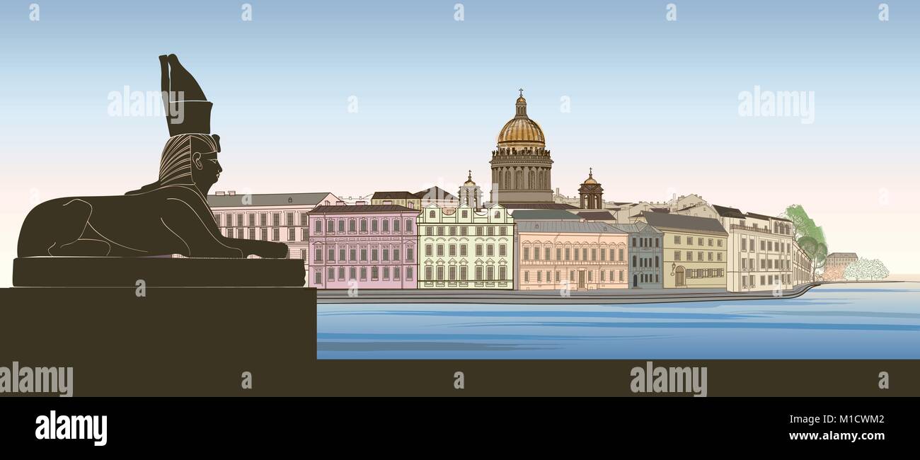 St. Petersburg city, Russia. Saint Isaac's cathedral skyline with Egyptian Sphinx monument landmark silhouette, Neva river view. Russian cityscape bac Stock Vector