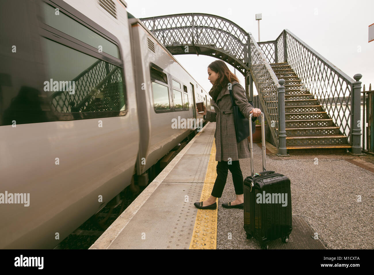 Woman getting in the train with luggage Stock Photo - Alamy