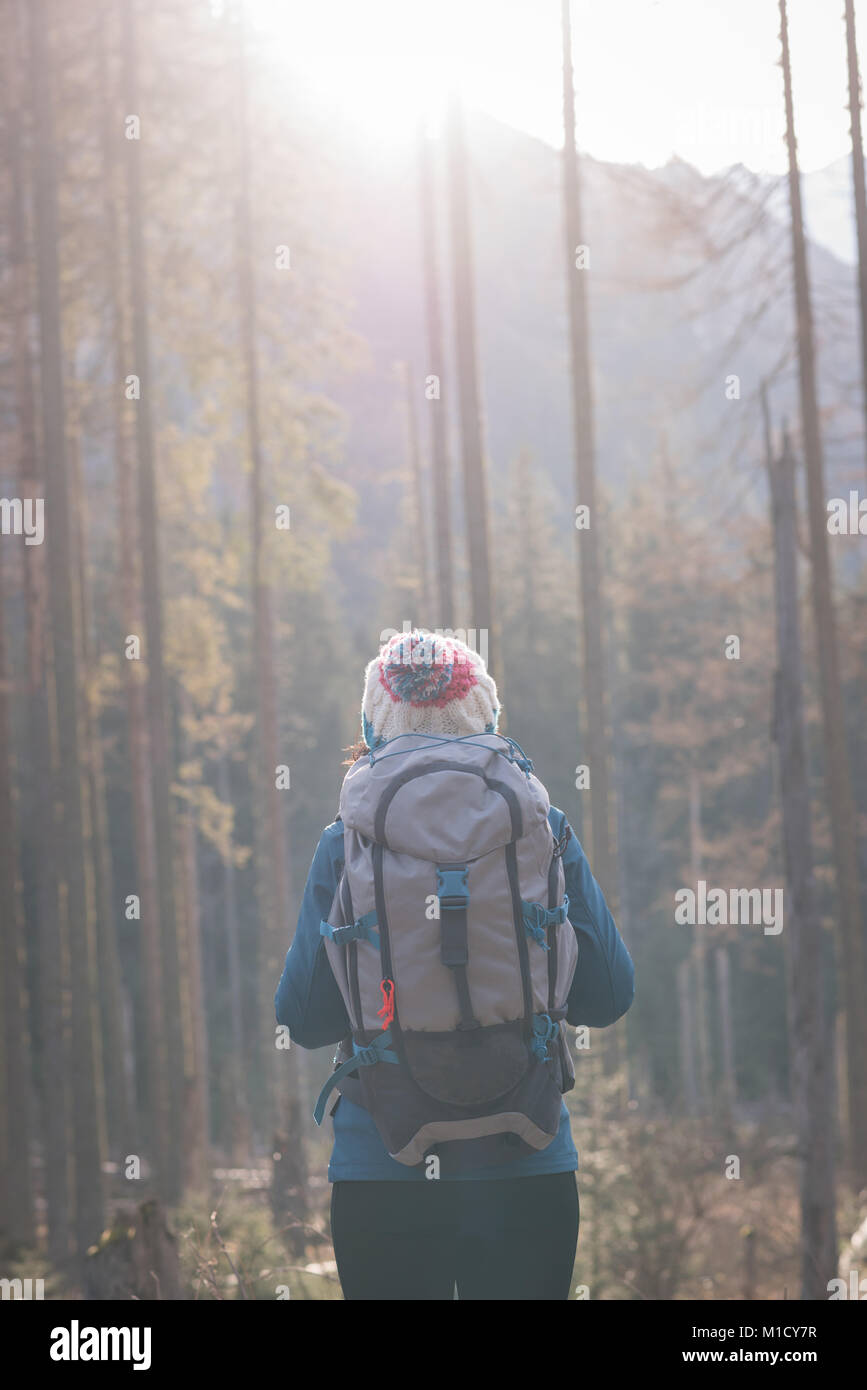 Female hiker standing with backpack in forest Stock Photo