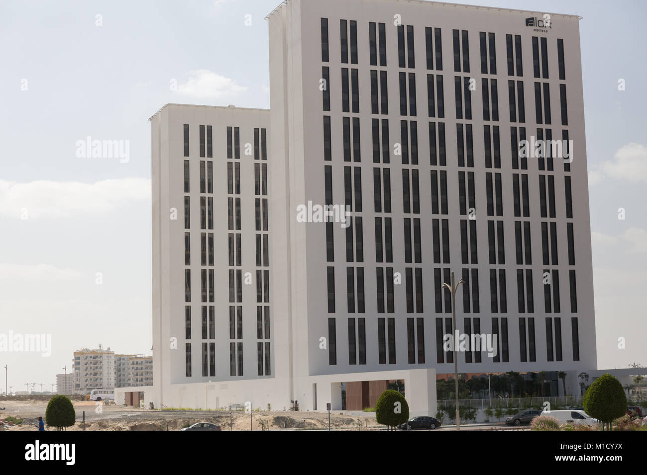 Aloft and Element hotels in IMPZ Dubai Stock Photo