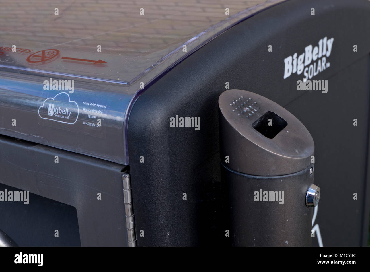 'Big Belly' solar powered recycling and tobacco disposal bin in Hackney