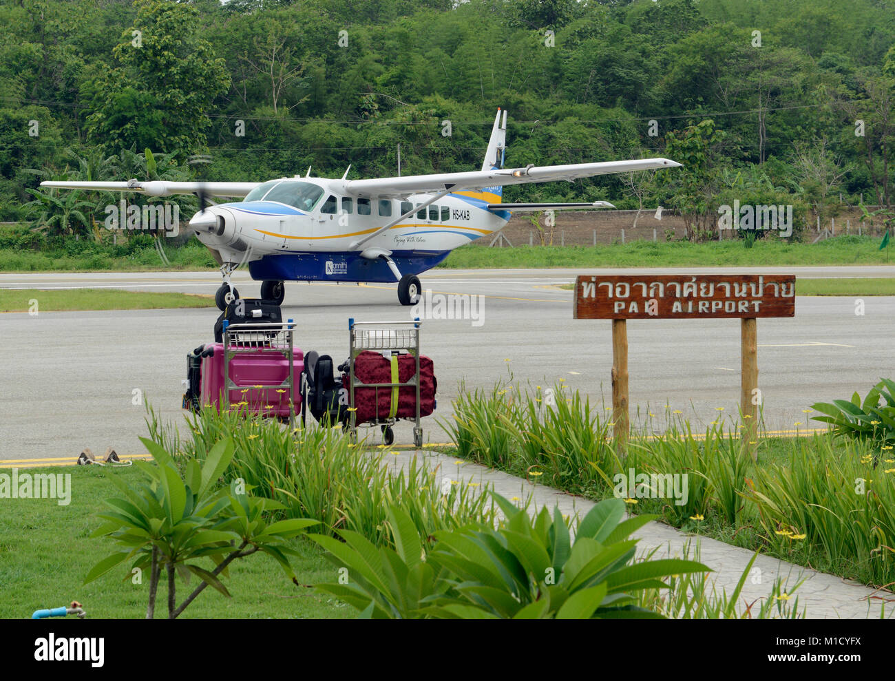 a airplane of Kan Air on the airport in the village of  Pai in the north provinz of Mae Hong Son in the north of Thailand in Southeastasia. Stock Photo