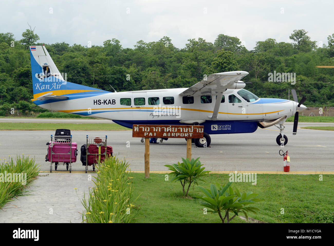 a airplane of Kan Air on the airport in the village of  Pai in the north provinz of Mae Hong Son in the north of Thailand in Southeastasia. Stock Photo