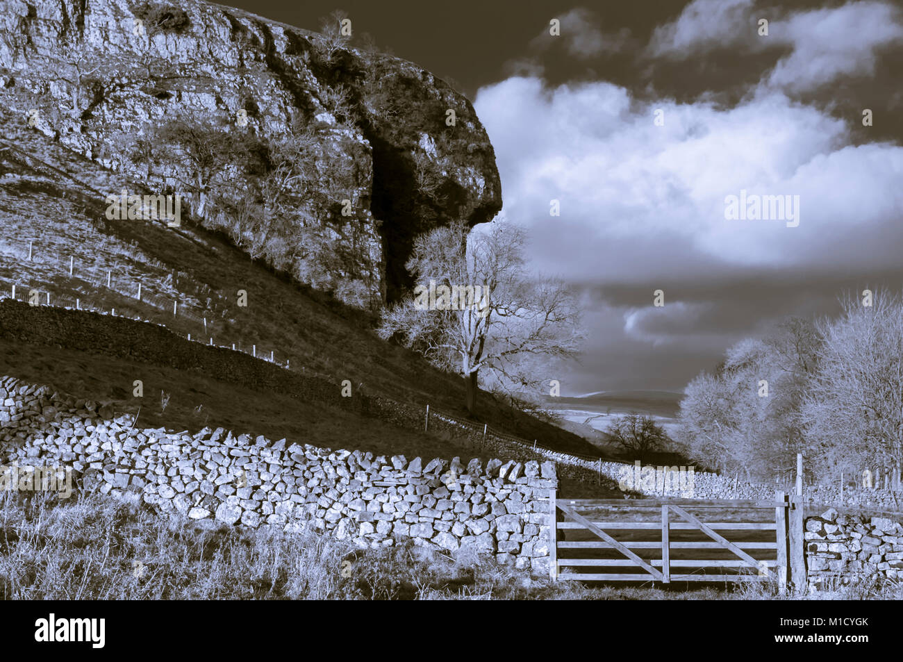 A split toned image of Kilnsey Crag in Wharfedale, the Yorkshire Dales, England. 24 November 2017. Stock Photo