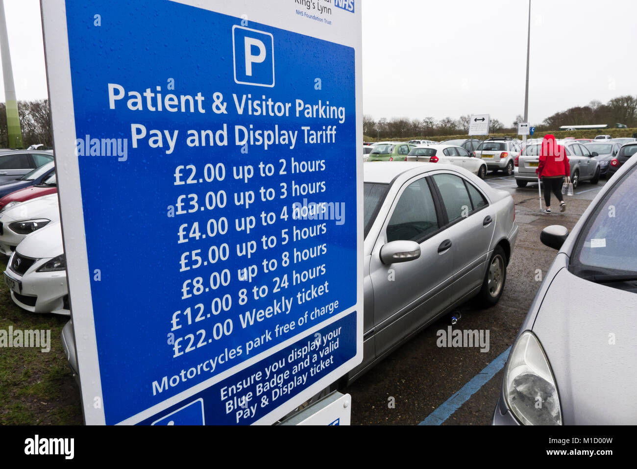 Information sign for car parking charges in the car park at Queen Elizabeth Hospital, King's Lynn, Norfolk, England. Stock Photo