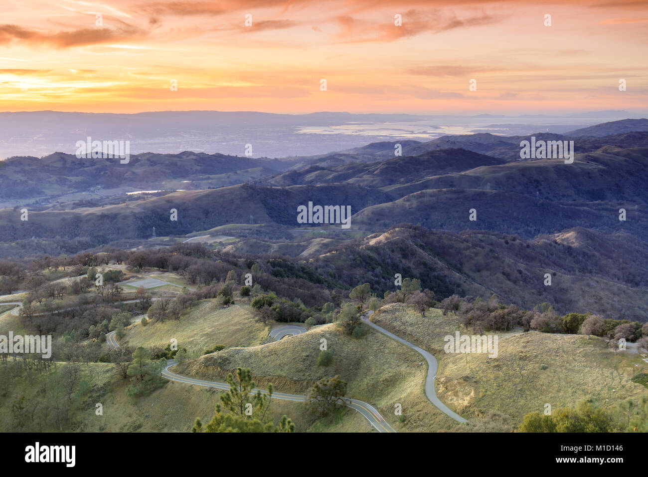 Mount Hamilton Foothills and Santa Clara Valley Sunset. Stock Photo