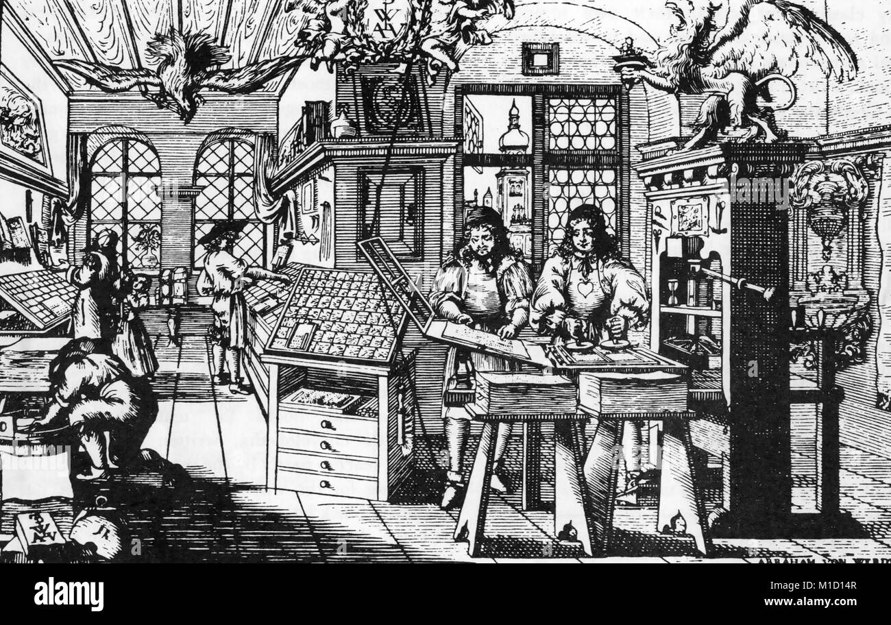 WOODCUT PRINTING A Dutch printing workshop in the mid 17th century engraved by Abraham von Werdt (1594-1671) Stock Photo