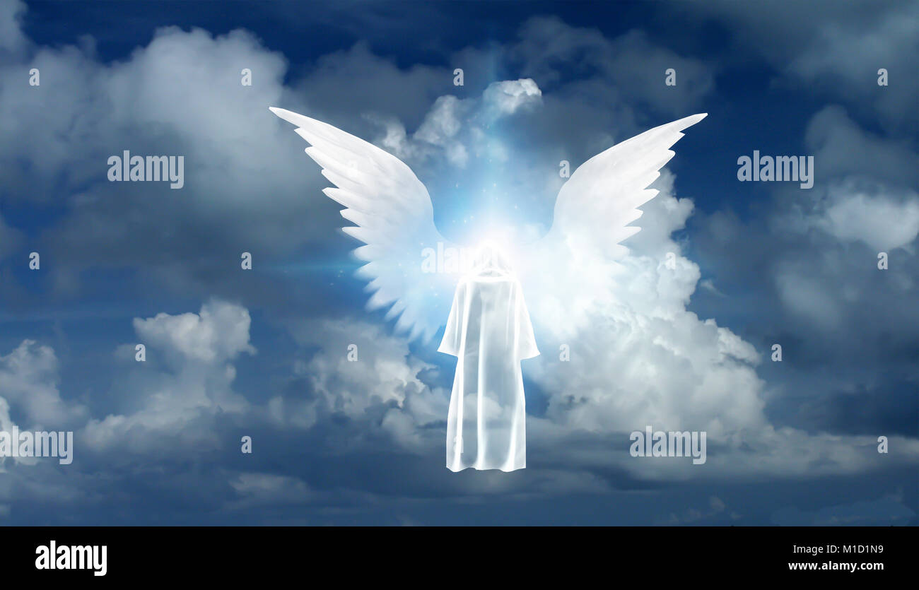 Figure in white cloak stands before winged star in cloudy sky Stock ...