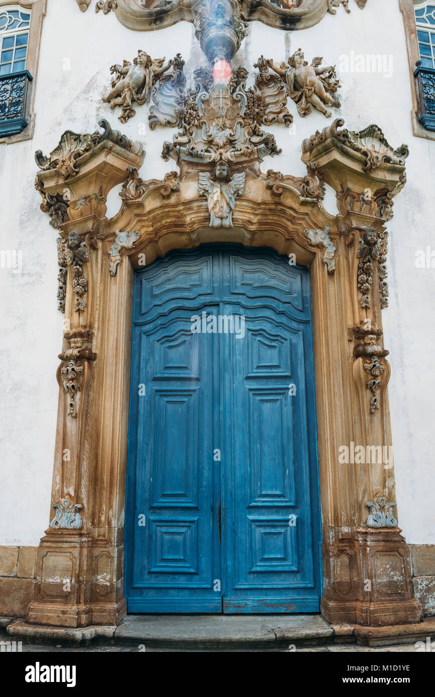 Blue vintage door at historic church in Ouro Preto, Brazil Stock Photo