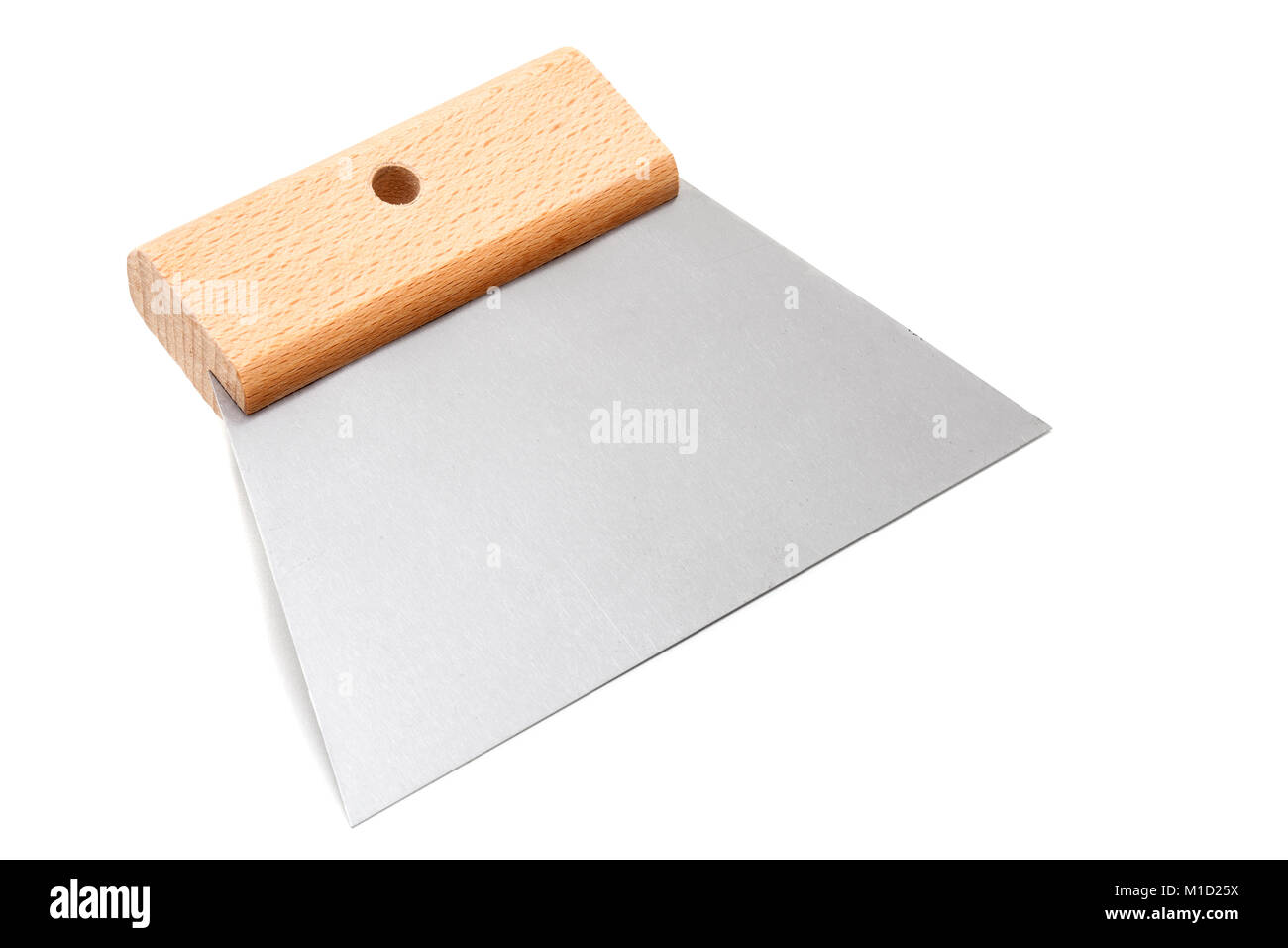 flexible putty scraper with wooden handle isolated on white Stock Photo