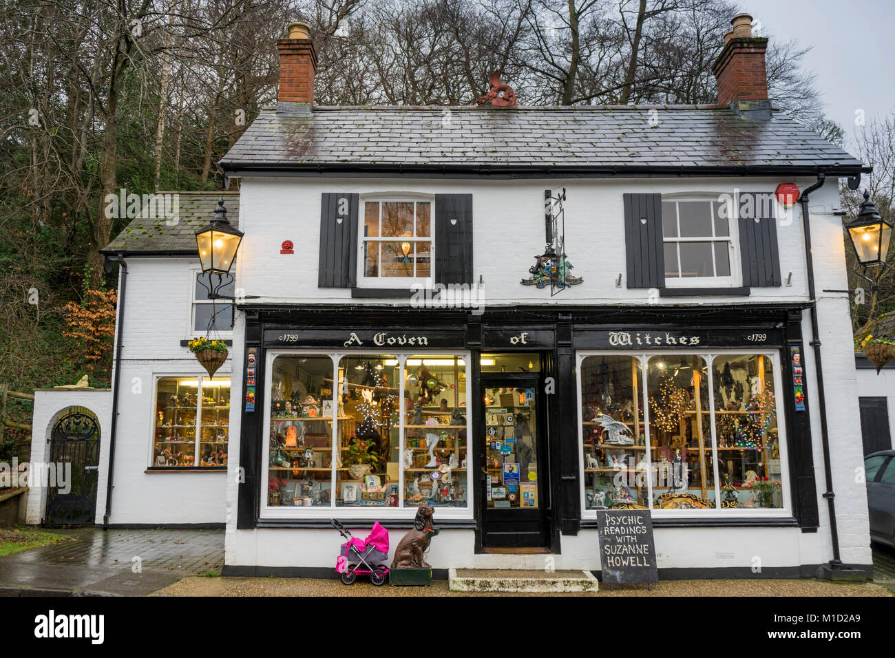 'Coven of Witches' new age shop in Burley on a rainy day in the New Forest, Hampshire, England, UK Stock Photo