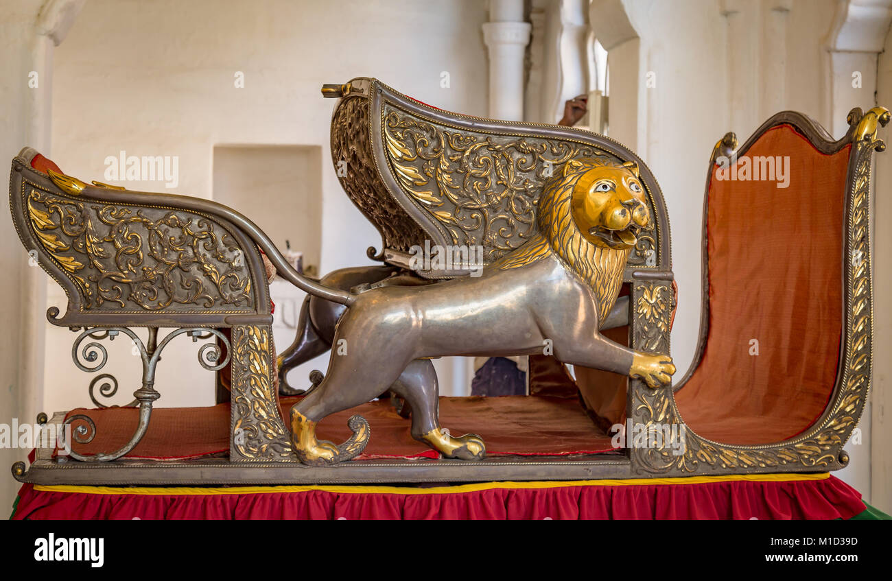 Ancient Royal howdah a seat used on the back of an elephant for kings on display at Mehrangarh Fort museum, Jodhpur, Rajasthan India. Stock Photo