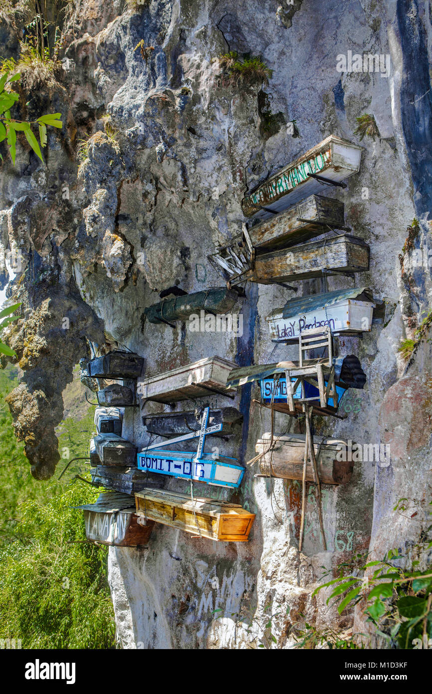 Hanging coffins in the Cordillera Mountains of Northern Luzon, Philippines is a 2,000-year tradition of the indigenous Igorot people. Stock Photo