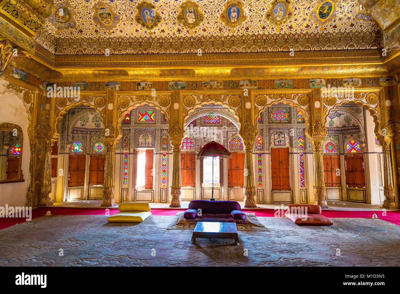 Mehrangarh Fort royal palace room interior with decoration and intricate artwork in gold and glass. A UNESCO World Heritage site at Jodhpur, Rajasthan Stock Photo