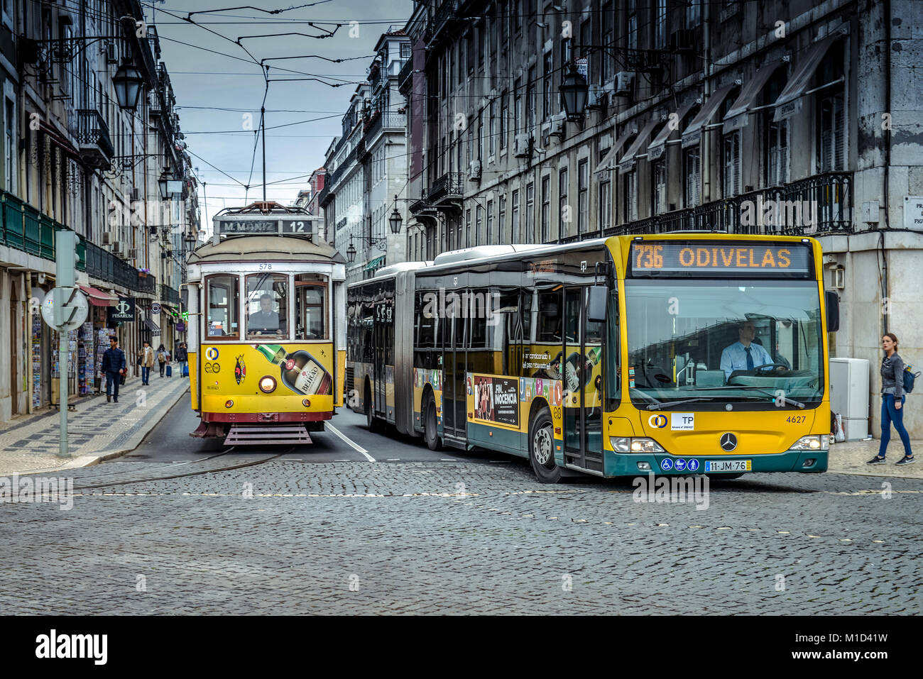 Tram, Praça da Figueira, Lisbon, Portugal, Strassenbahn, Praca da Figueira, Lissabon Stock Photo