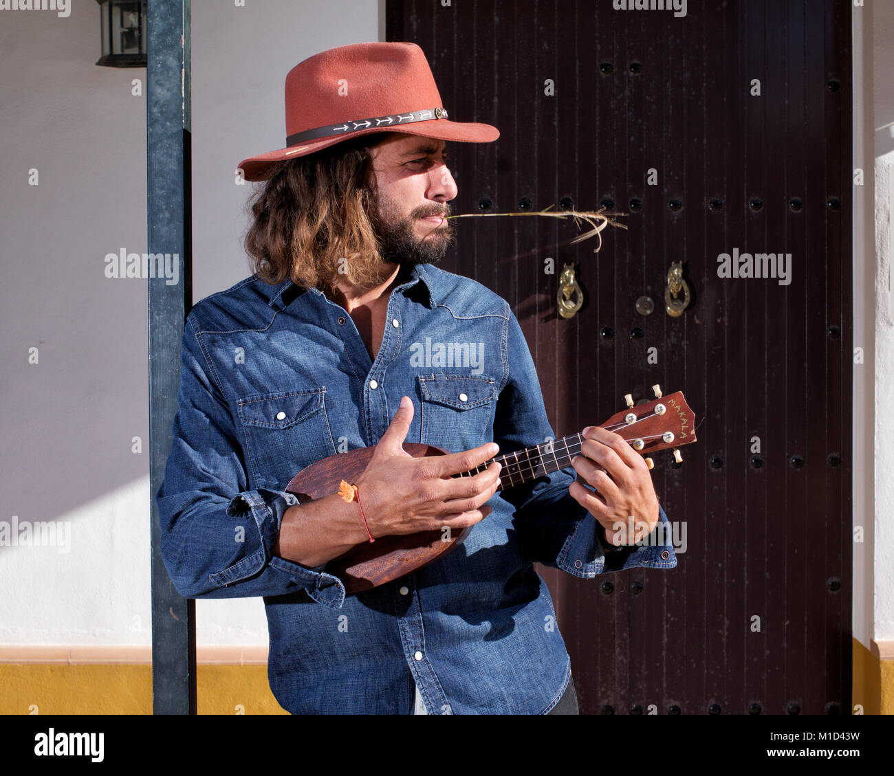 Man leaning against a post playing ukulele Stock Photo