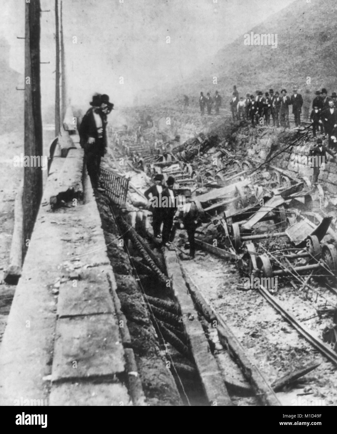 The Devastation of Railroad Equipment, Cars, and Locomotives during Railroad Riots 1877 Stock Photo