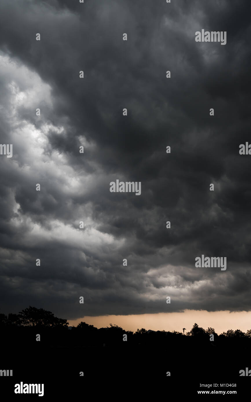 storm cloud background during raining. Dark Clouds. Huge black clouds on dark sky before a thunder-storm. Stock Photo