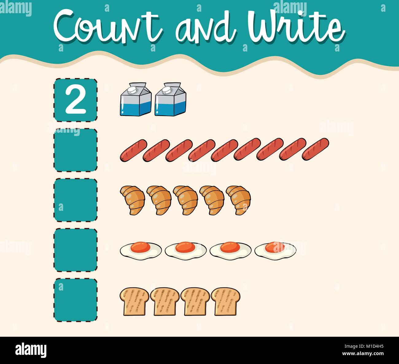 Count and write with different types of food illustration Stock Vector